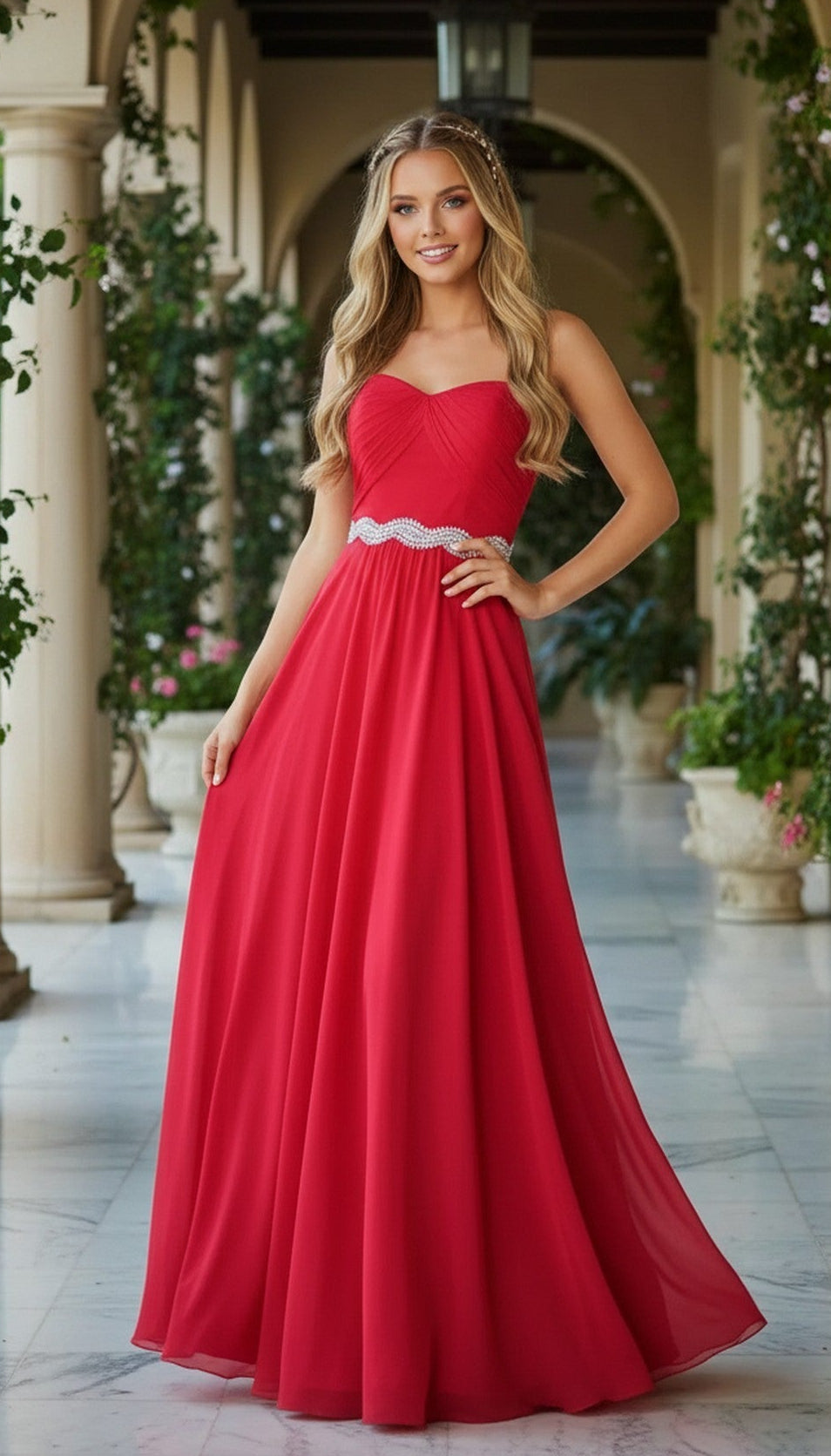 A woman stands in a marble hallway lined with columns and greenery, wearing the La Femme 21218 Simple Strapless Long Prom Dress featuring a sweetheart corset bodice and beaded waistband.